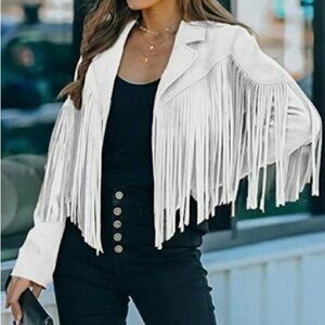 Gorgeous white fringe faux suede Moto jacket
